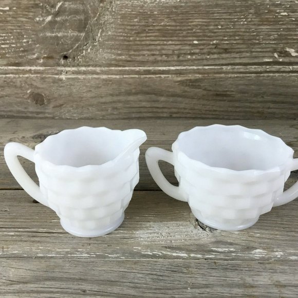 Hazel Atlas Cubed Cream and Sugar, Milk Glass Cream and Sugar, Cubist Pattern, V - Picture 1 of 10